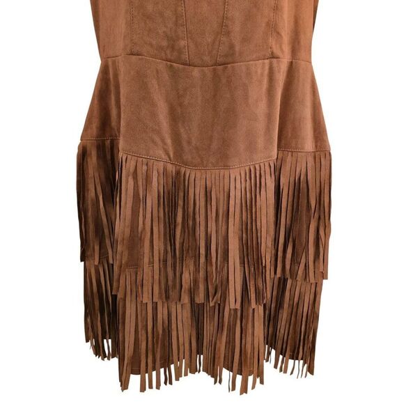 Fringe Western Brown Dress Sleeveless faux Suede Boho Style cottagecore coquette - Picture 4 of 8